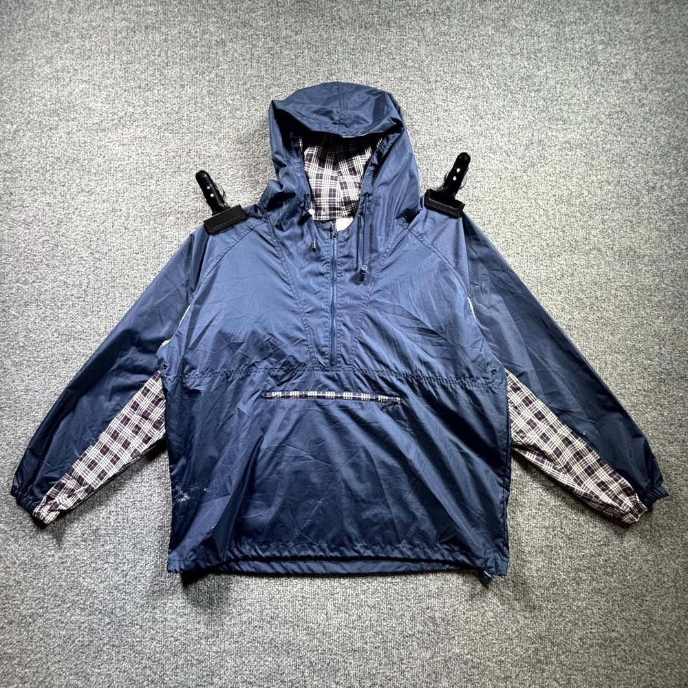 VTG Actra Anorak Jacket Mens Large Navy Blue Plaid Trim Hooded Hiking Half-Zip